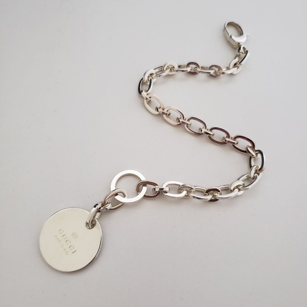 GUCCI Sterling Silver Trademark Round Charm Chain Link Bracelet 8"
